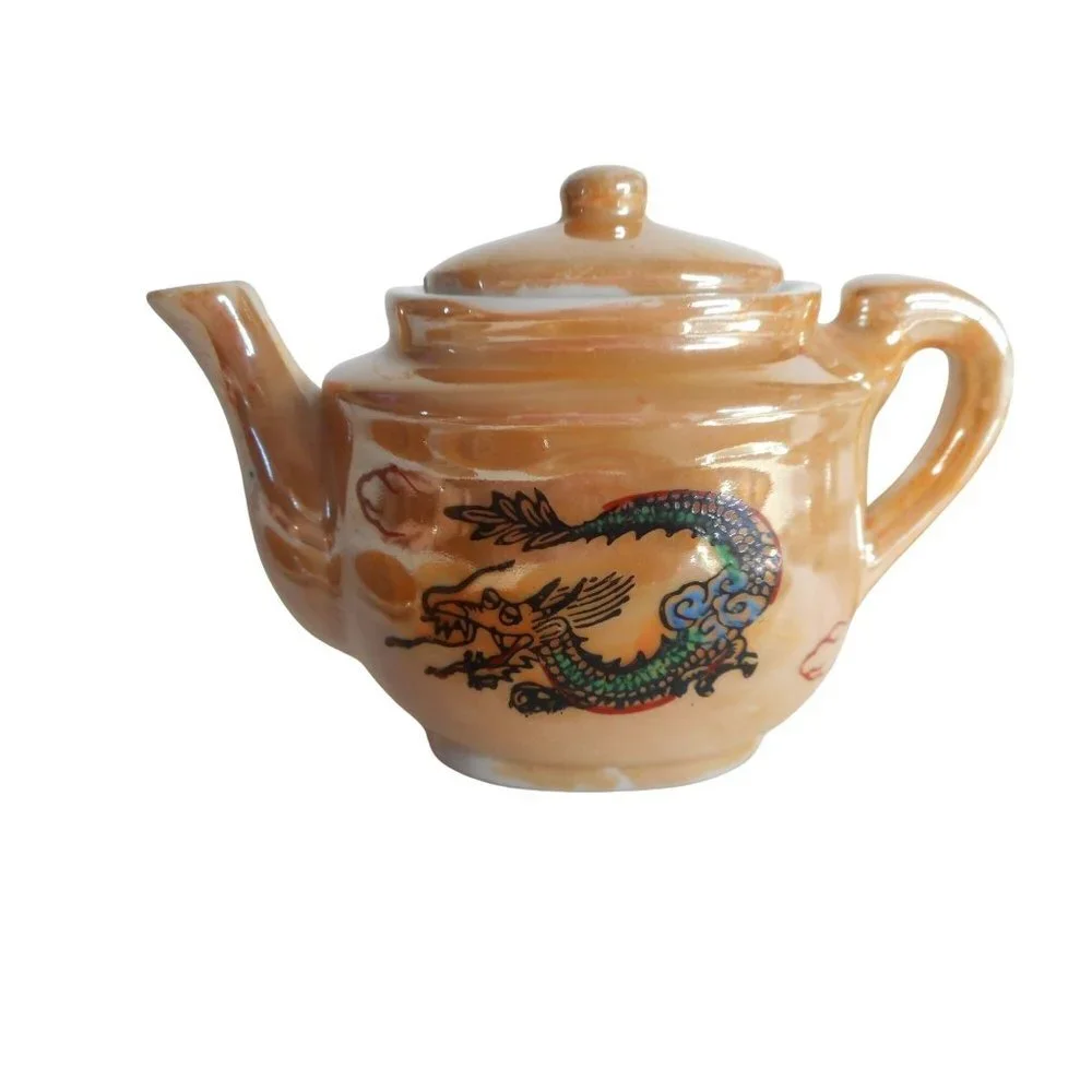 Vintage 10 piece Japan peach lusterware child's tea set with dragon - Picture 5 of 12